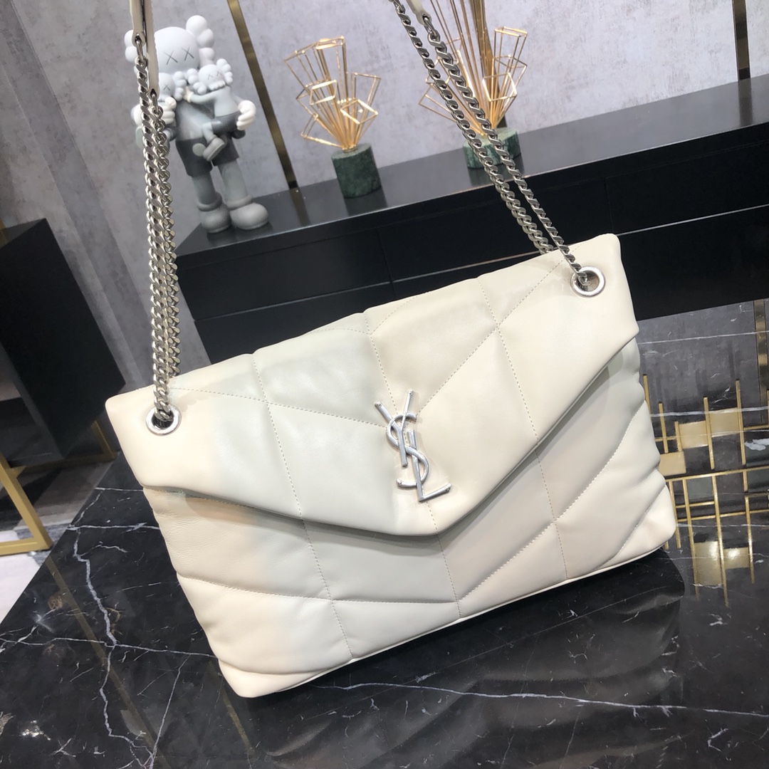 Saint Laurent Loulou Puffer Lambskin Shoulder Bag Handbag White 577475 Silver